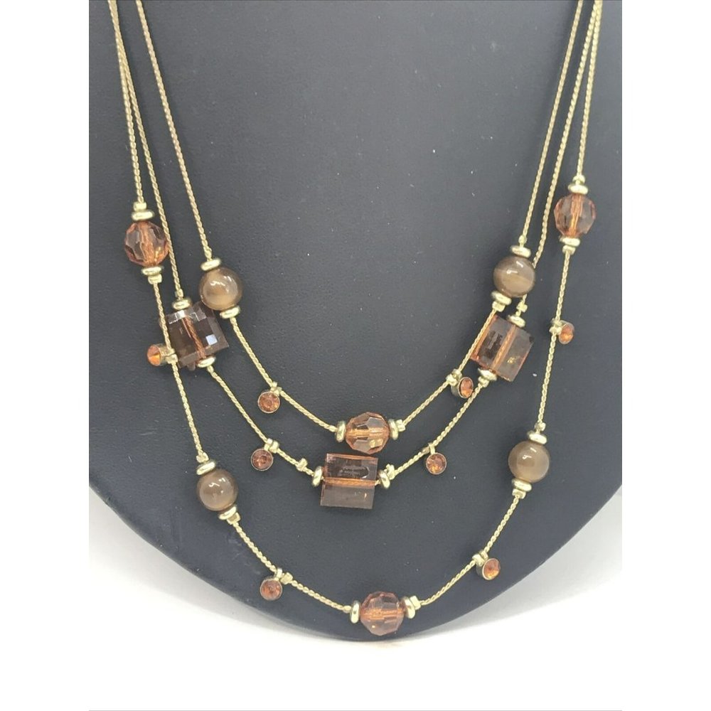 amber glass brown‎ beads Crystal 16" gold tone chain necklace